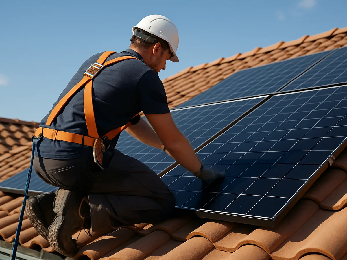 Técnico instalando paneles solares en un tejado residencial